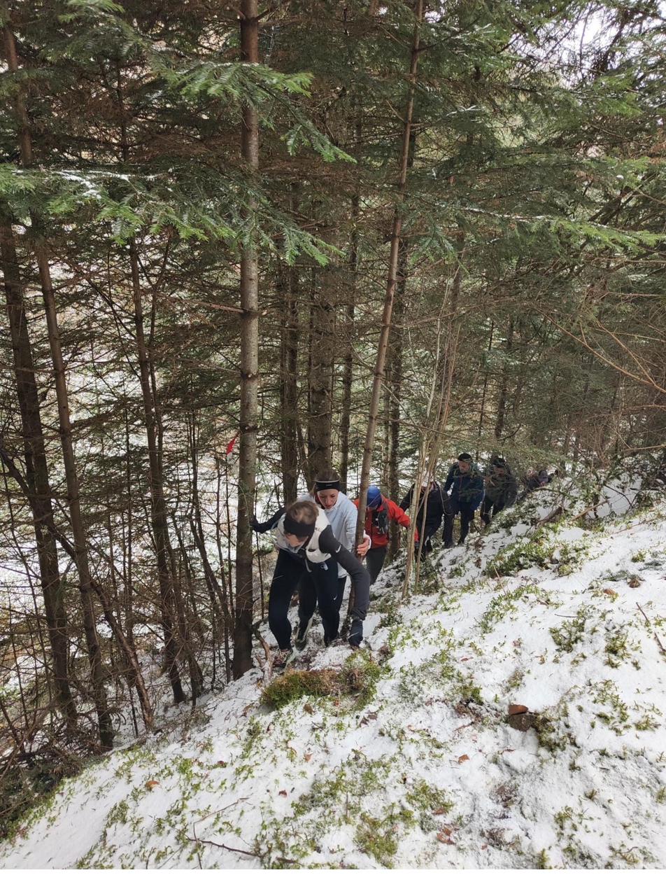 Groupe de coureurs grimpant un sentier enneigé dans les bois du Forez